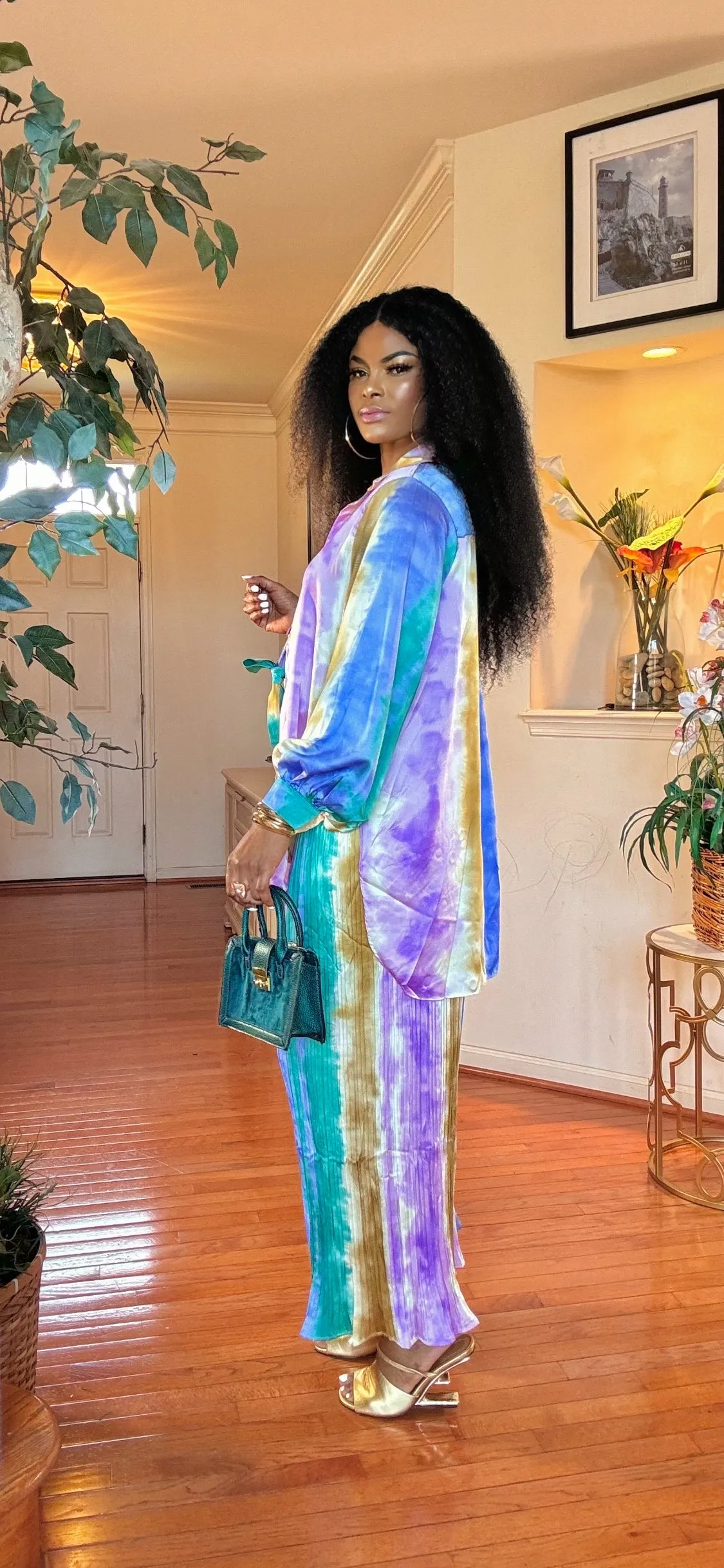 2 pcs belted pleated palazzo pant set(purple multi color )