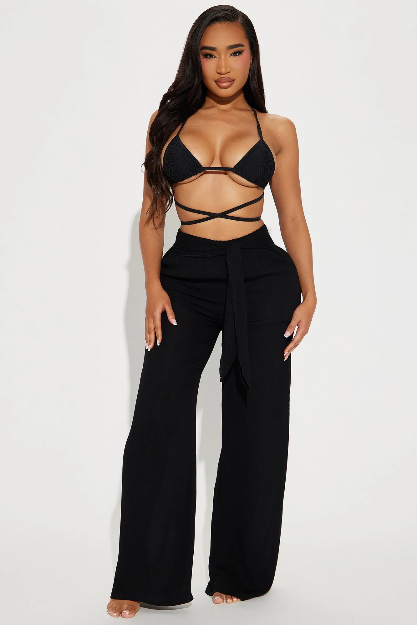 Breezy Paradise Linen Tie Waist Cover Up Pants - Black