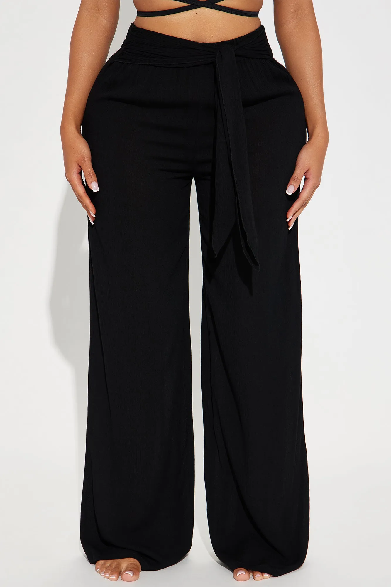 Breezy Paradise Linen Tie Waist Cover Up Pants - Black
