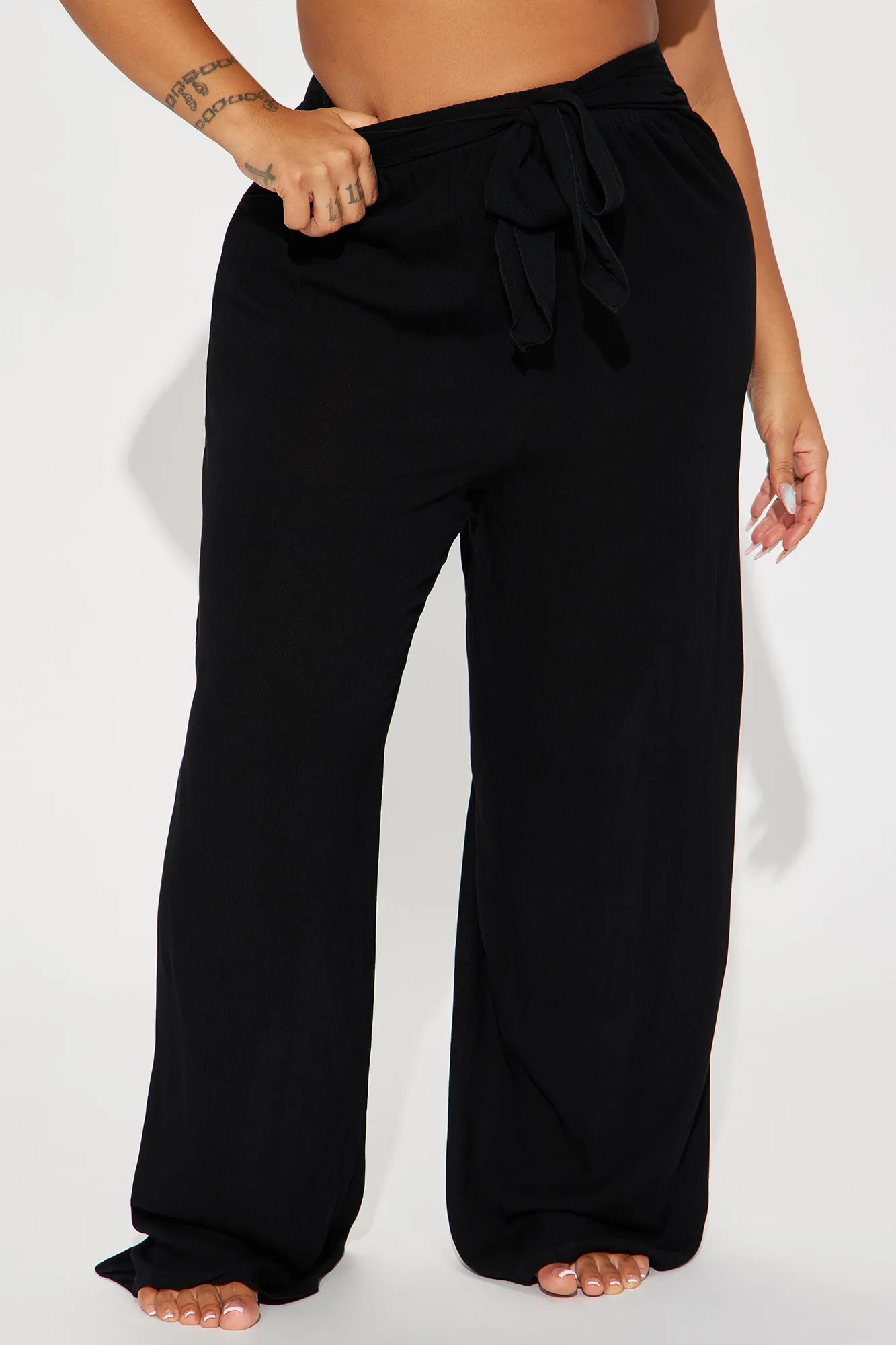 Breezy Paradise Linen Tie Waist Cover Up Pants - Black