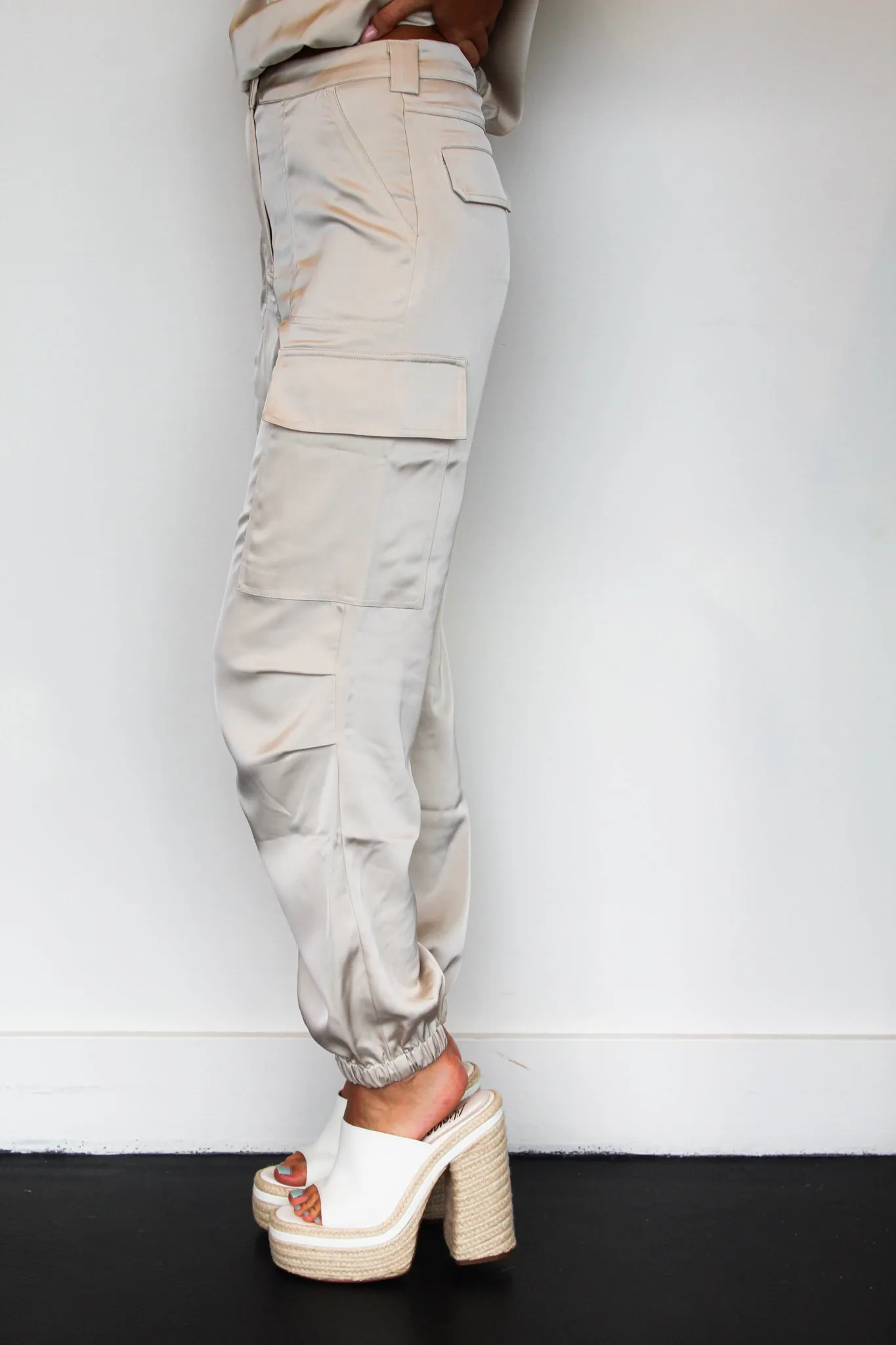 Champagne Satin Cargo Joggers