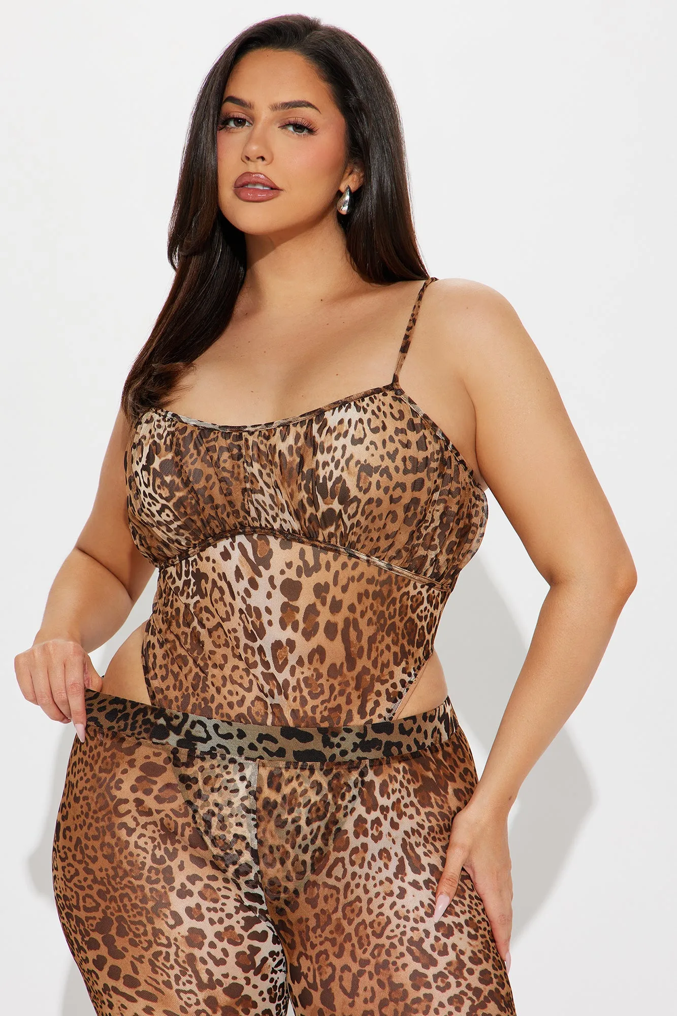 Leopard Print Mesh Pant Set - Dare to Touch, Brown
