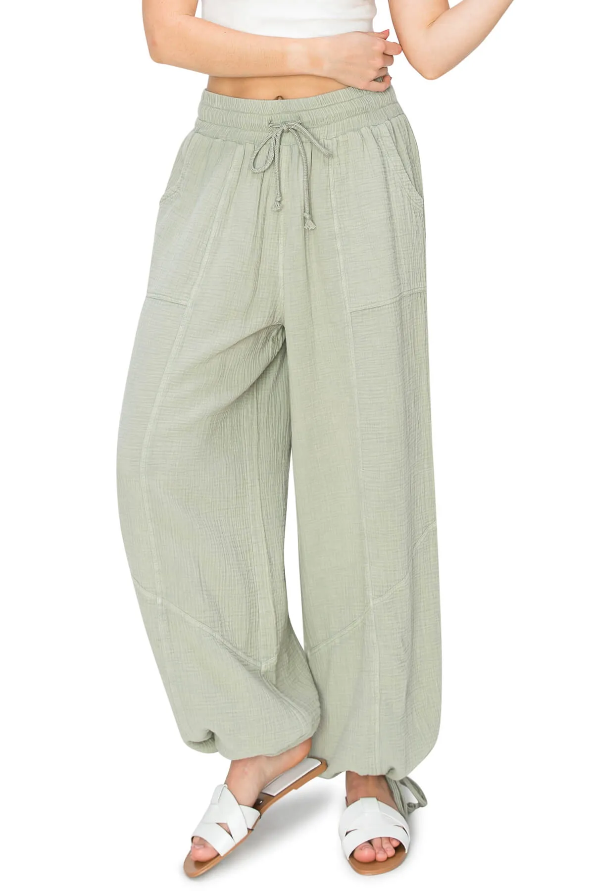 Gauze Side Pocket 2 In 1 Hem Jogger - Sage