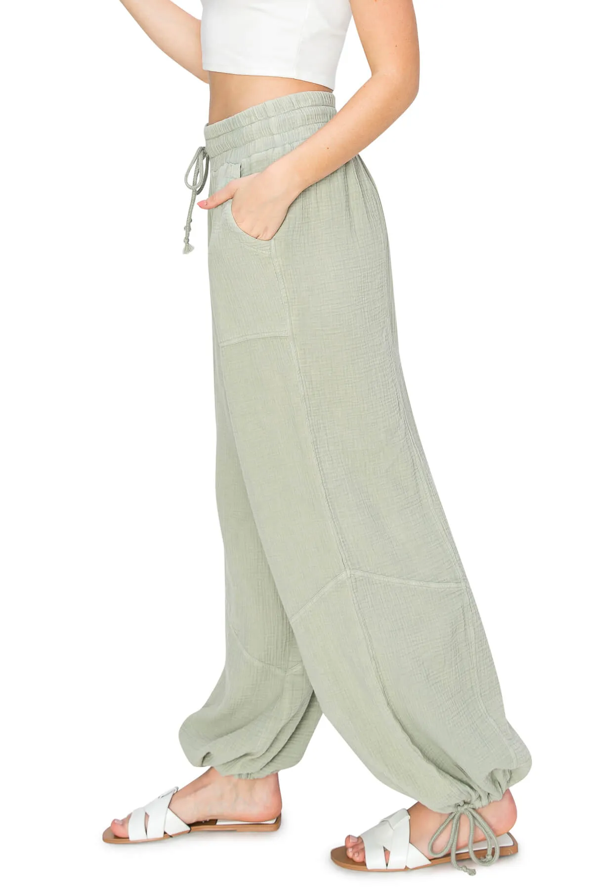 Gauze Side Pocket 2 In 1 Hem Jogger - Sage