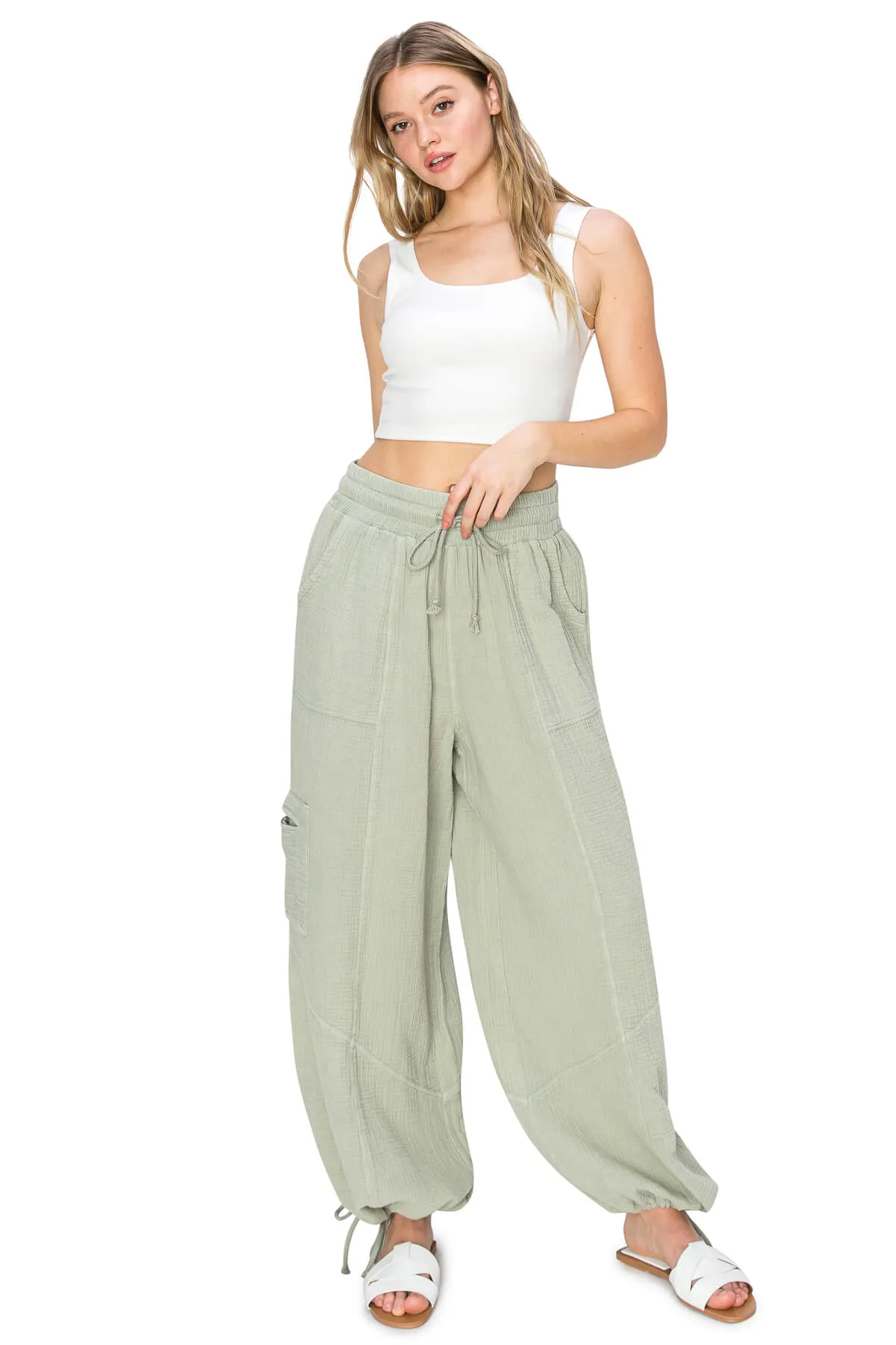 Gauze Side Pocket 2 In 1 Hem Jogger - Sage