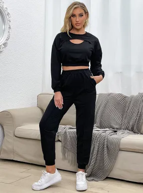 Hollow Out Long Sleeve T-shirt Fake Two-piece Sports Suit