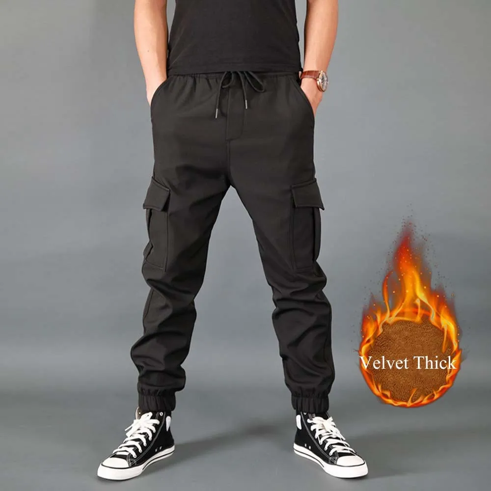 New Winter Men Pants Thick Fleece Joggers Multi Pocket Loose Sport Trousers Male Casual Warm Sweatpants Cargo Pants