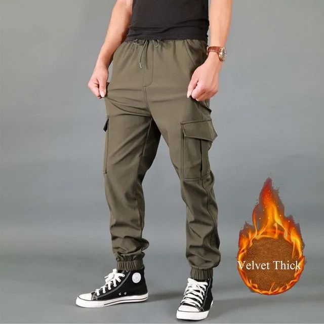 New Winter Men Pants Thick Fleece Joggers Multi Pocket Loose Sport Trousers Male Casual Warm Sweatpants Cargo Pants