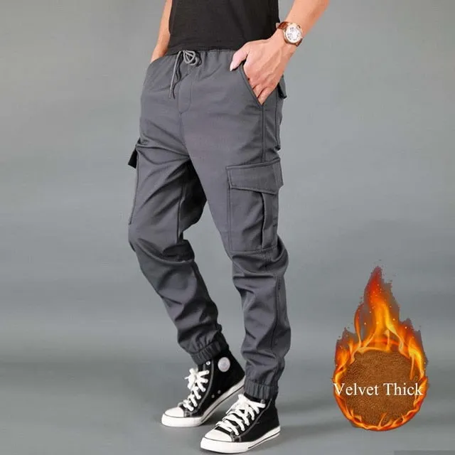New Winter Men Pants Thick Fleece Joggers Multi Pocket Loose Sport Trousers Male Casual Warm Sweatpants Cargo Pants