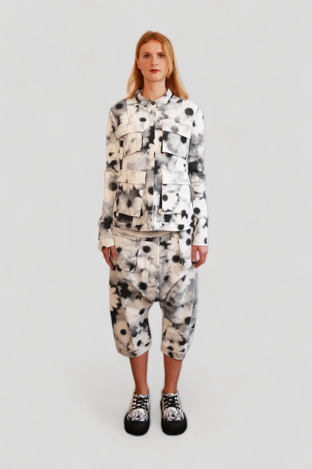 RUNDHOLZ DIP WHITE DROP CROTCH PANT WITH BLACK & GREY DOT IMPRINT