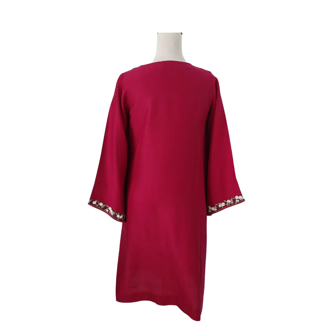 Shamsha Hashwani Maroon Embroidered Silk Outfit (3 pieces) | Pre Loved |
